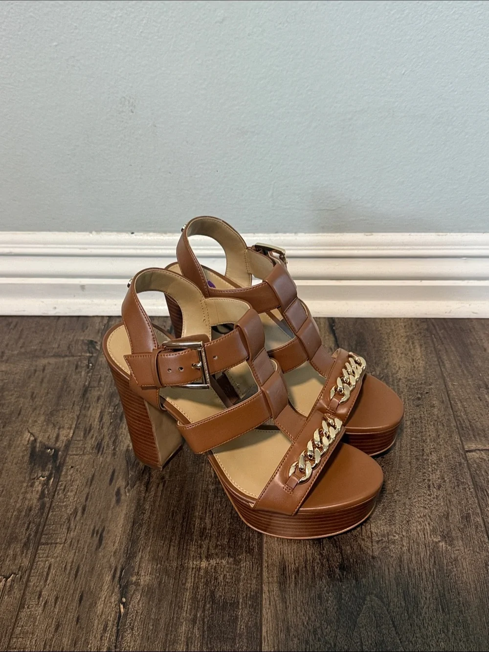 Michael Kors Brown Platform Block Heel Sandals with Gold Chain